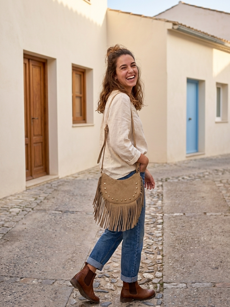 Bolso Bandolera Flecos Suede con Tachuelas Doradas
