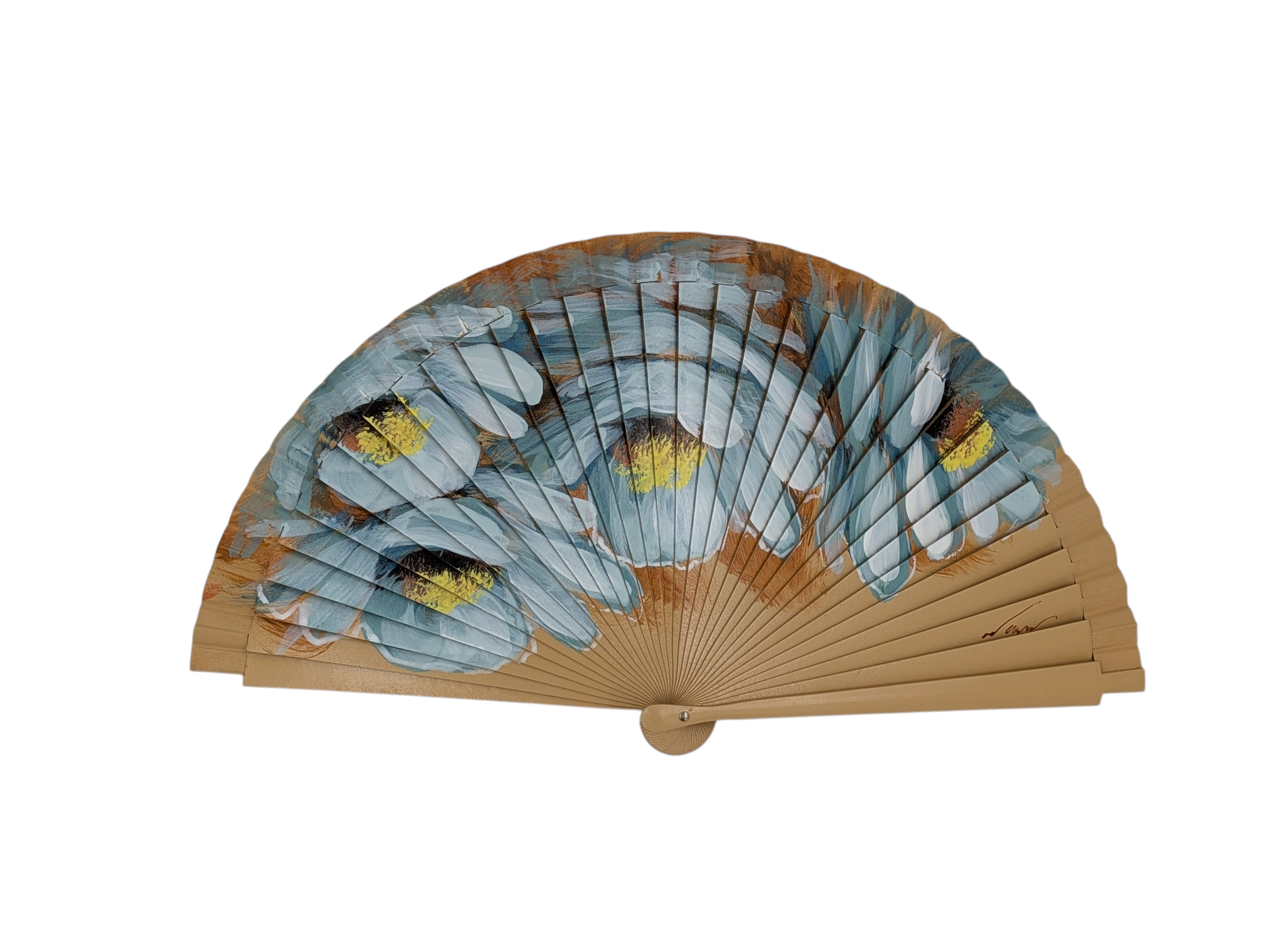 Abanico de 21 cm pintado a mano sobre algodón con varillas de madera de peral lacada, diseño floral en tonos azules y ocres, colección Urban Fash by Sauga, hecho en España