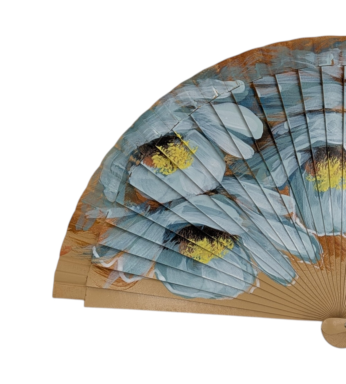 Abanico de 21 cm pintado a mano sobre algodón con varillas de madera de peral lacada, diseño floral en tonos azules y ocres