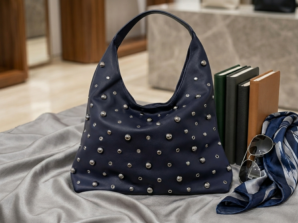 Bolso Hobo Azul Navy con Tachuelas Plateadas