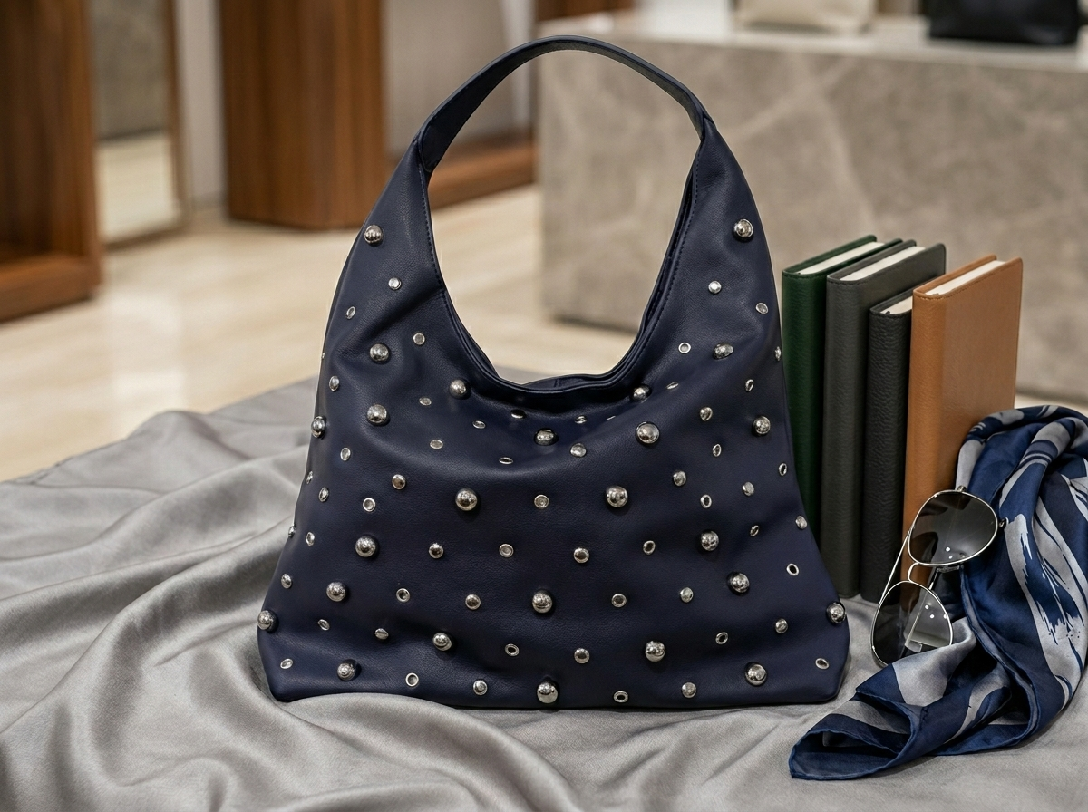 Bolso Hobo Azul Navy con Tachuelas Plateadas