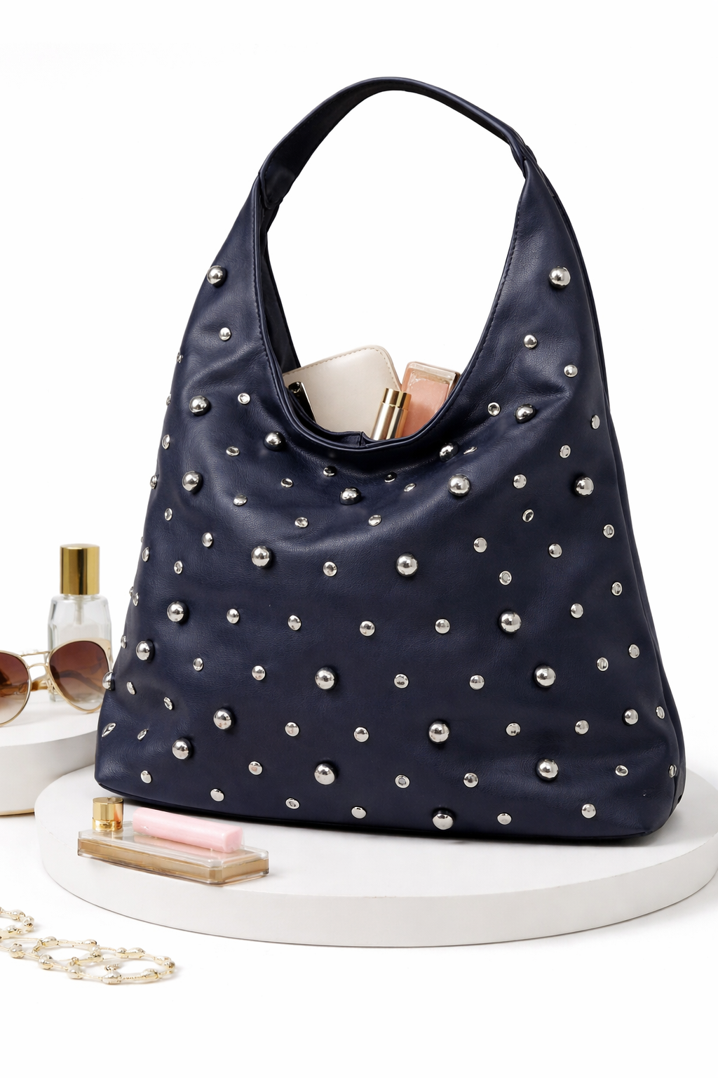 Bolso Hobo Azul Navy con Tachuelas Plateadas