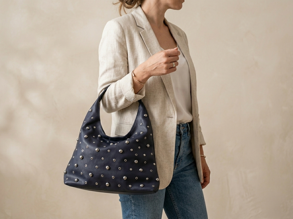 Bolso Hobo Azul Navy con Tachuelas Plateadas